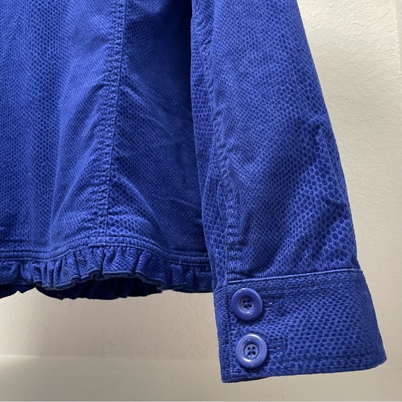 Chico’s Blue Ruffle Reptile Snake Skin Textured Button Up Jacket Sz 4 / XXL - Picture 7 of 9
